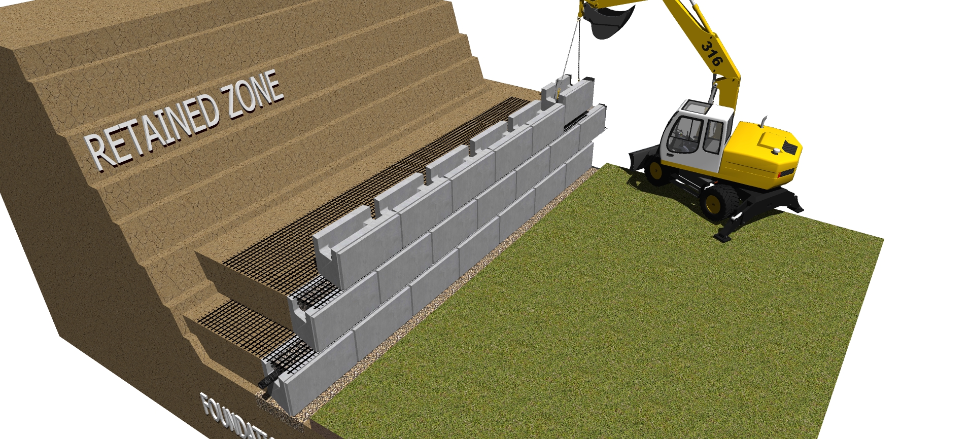 third row installation of magnumstone geogrid retaining wall block